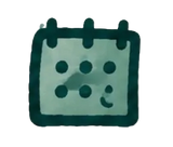 A dark teal watercolor-style calendar icon with a dotted grid and hanging tabs on a light beige background.