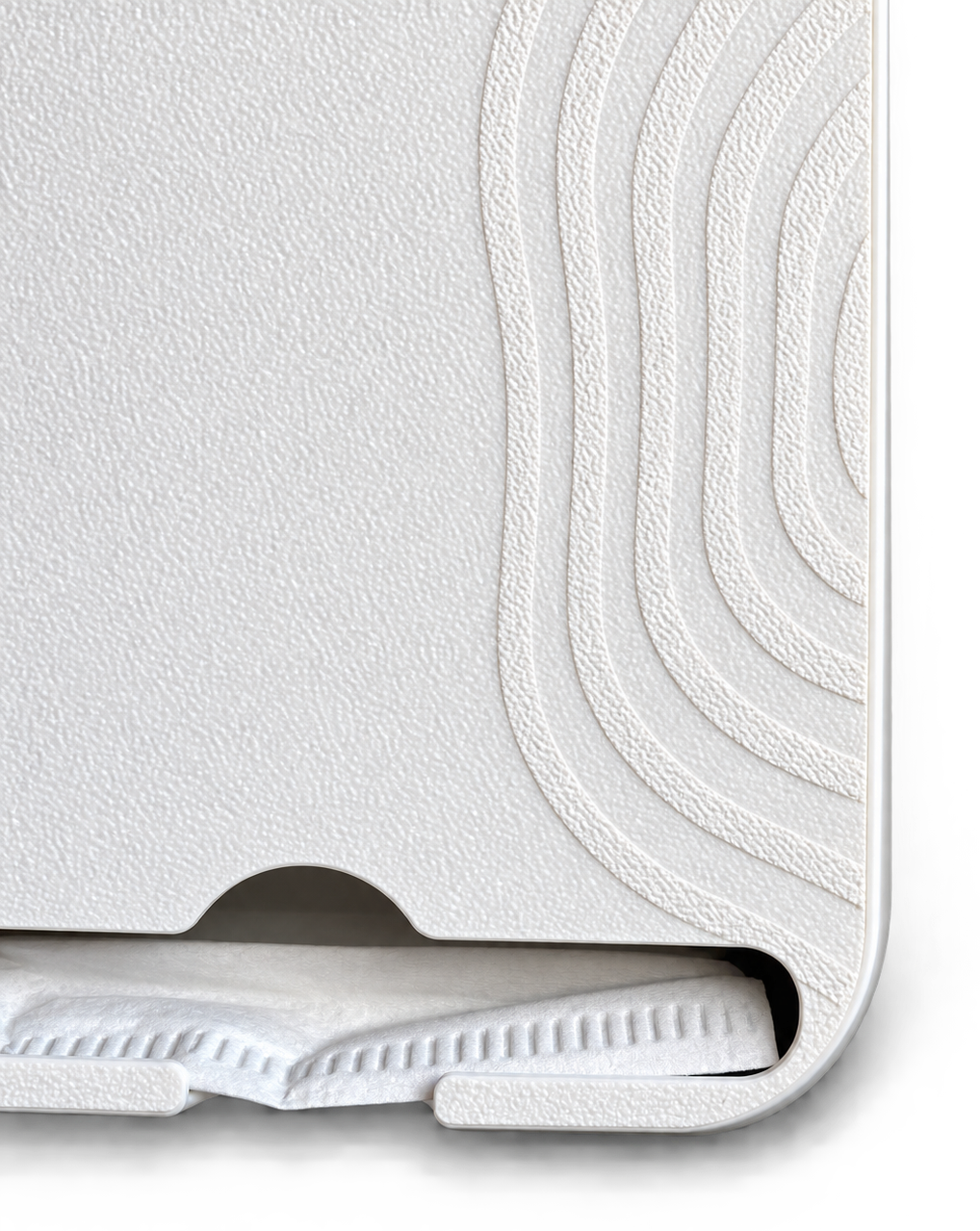 Close-up of a white textured protective case corner with concentric wavy embossed lines and a visible white inner lining or insert.