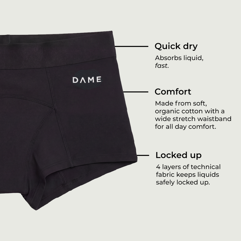 Black DAME period pants in shortie style shown with feature callout text on a light gray background, highlighting quick dry, comfort, and locked-up fabric properties.