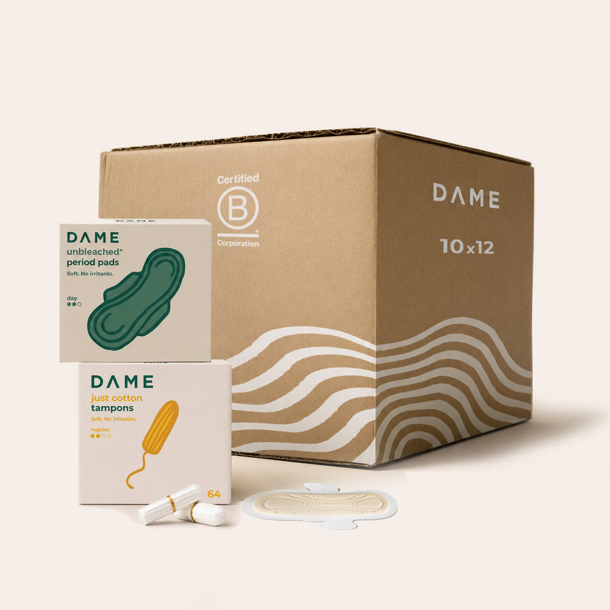 A DAME brand menstrual care product set including a large brown cardboard box, two smaller product boxes (period pads and tampons), and one pad shown flat in front, on a warm off-white background