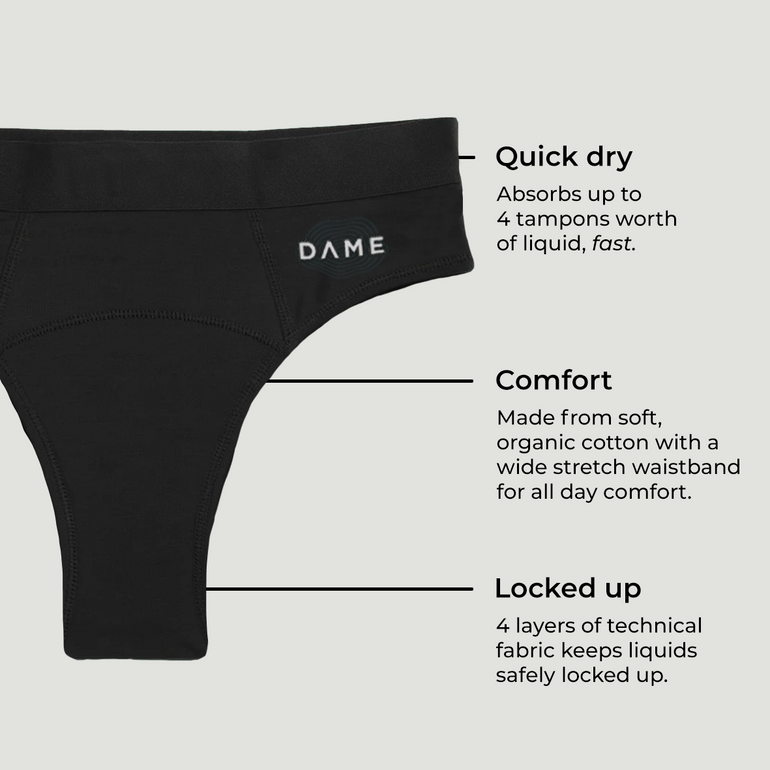 Black DAME brand underwear shown on a light gray background with three callout lines and text describing features: Quick dry, Comfort, and Locked up.