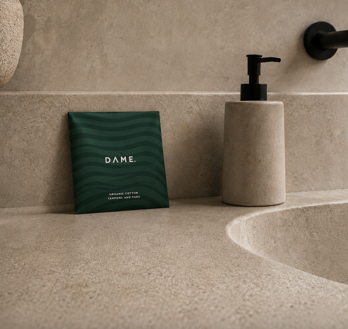 DAME Period Care Kit in a hotel bathroom