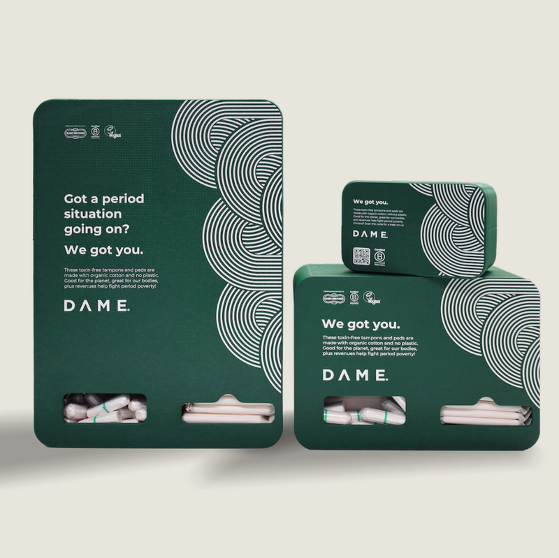 Dame period products packaging on a light gray background