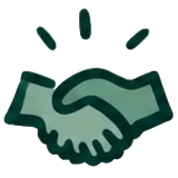 A stylized handshake icon in muted green on a light beige background.