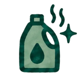 A stylized dark green icon of a bottle with a droplet and steam lines, on a light beige background.