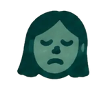 A stylized dark teal emoji face with closed eyes and a frowning mouth on a light beige background.