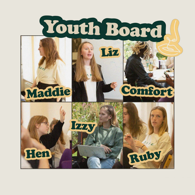 Collage of young women with names overlaid, titled 'Youth Board'.